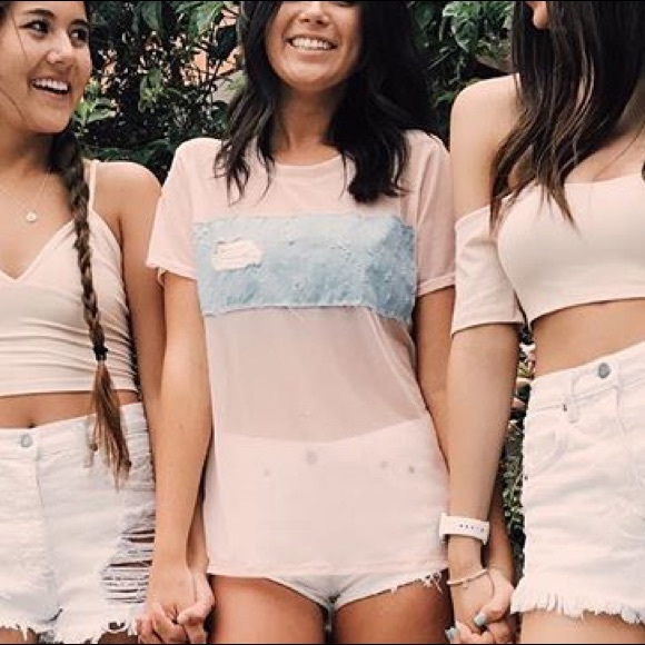 Emma & Sam pink mesh with denim patch t shirt - Picture 6 of 6